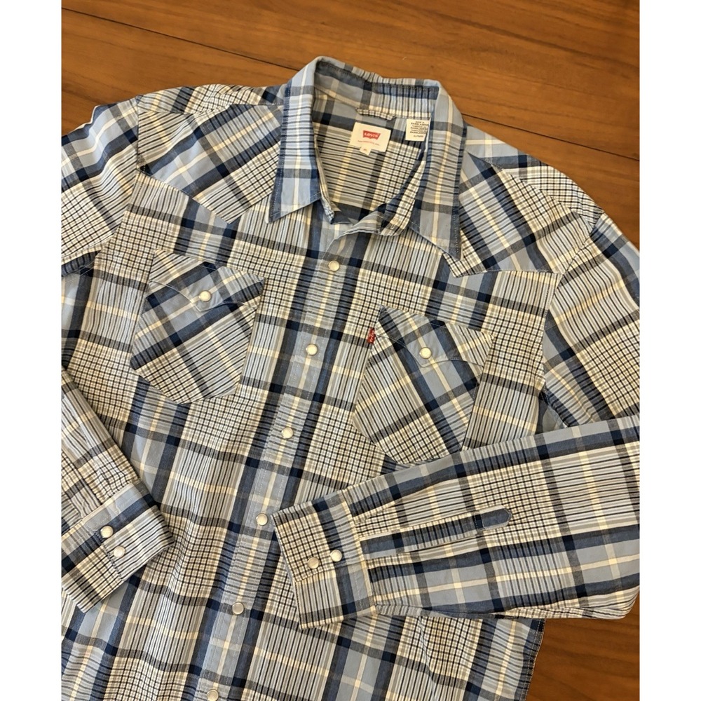 Levi's Pearl Snap Western Shirt Mens XL Blue Plaid Long Sleeve Cowboy Cotton VTG
